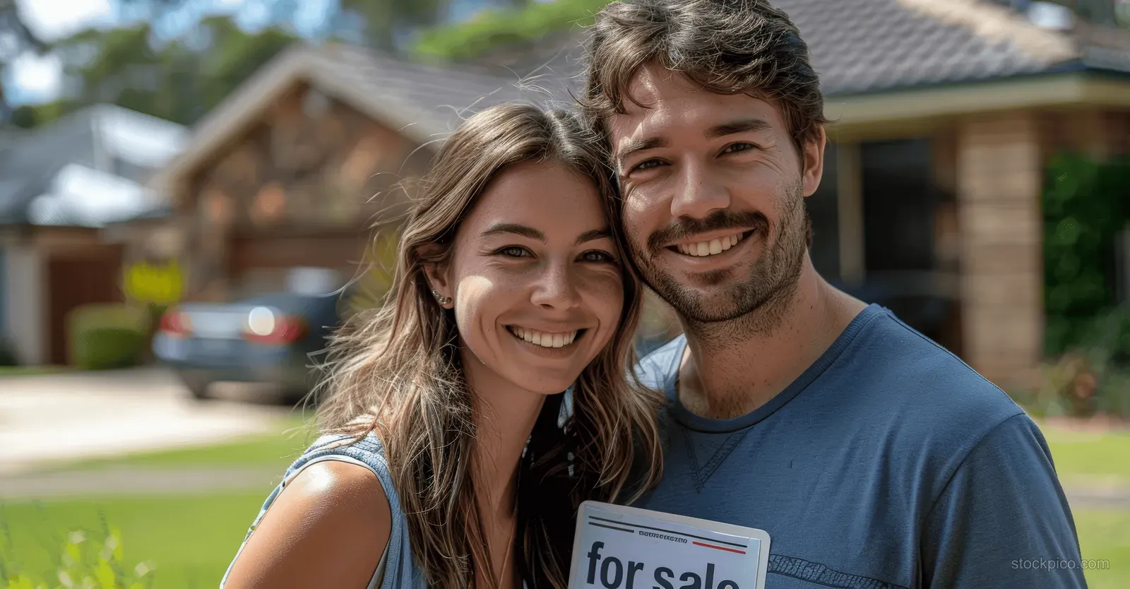 A young couple stands outside a suburban house holding a for sale sign in a sunny yard.