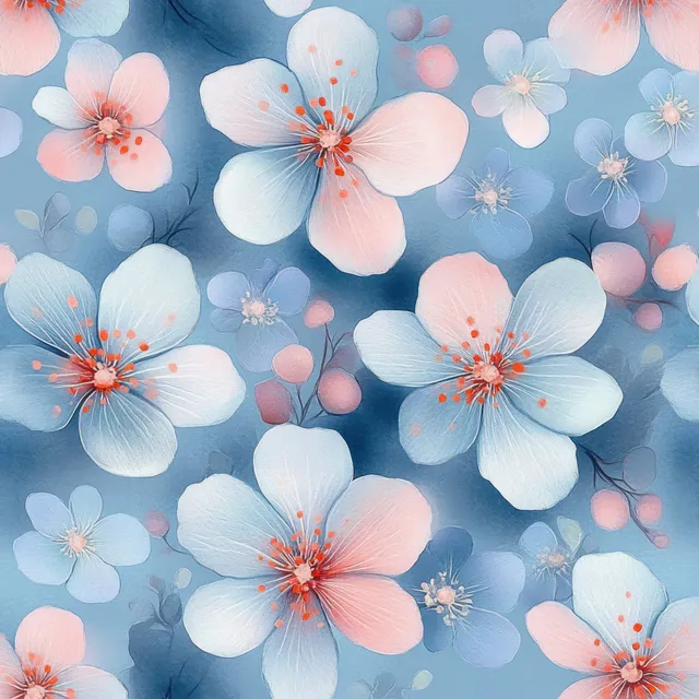 Pastel watercolor flowers overlap across a soft blue background with light speckle textures.