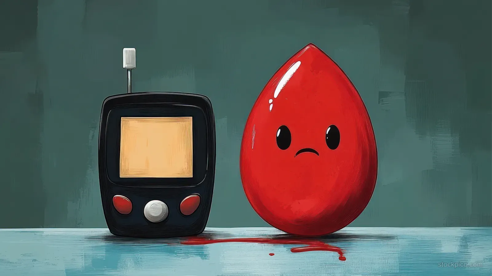 A sad blood drop character stands by a glucometer with a small blood smear on the tabletop.