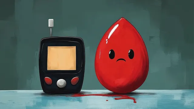 A sad blood drop character stands by a glucometer with a small blood smear on the tabletop.