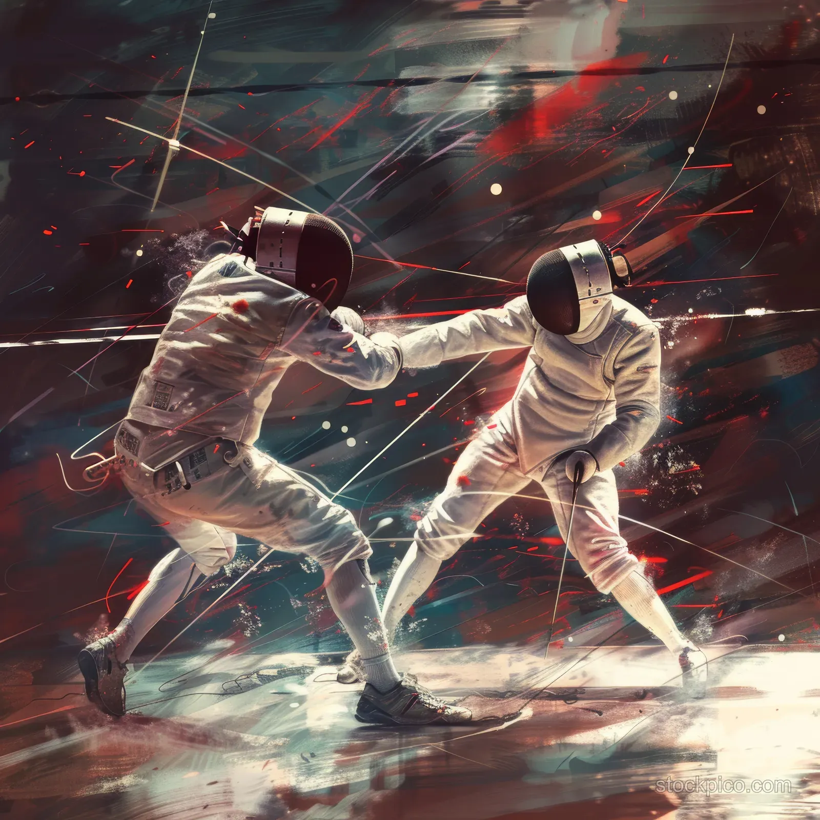 Two fencers in protective masks and gear clash with glowing sparks during an indoor duel.