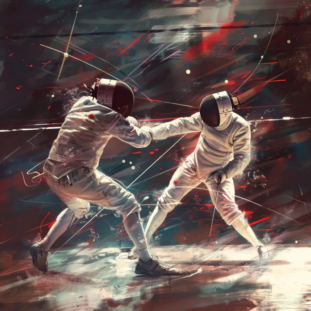 Cuban fencers duel in an indoor arena, swords crossing with sparks and motion blur