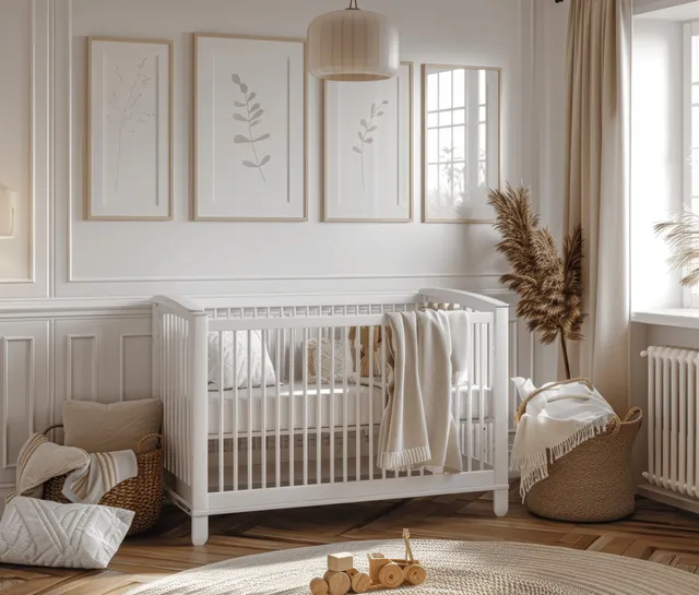 White baby crib in a sunlit nursery with three framed wall prints and beige blanket on the wooden floor.