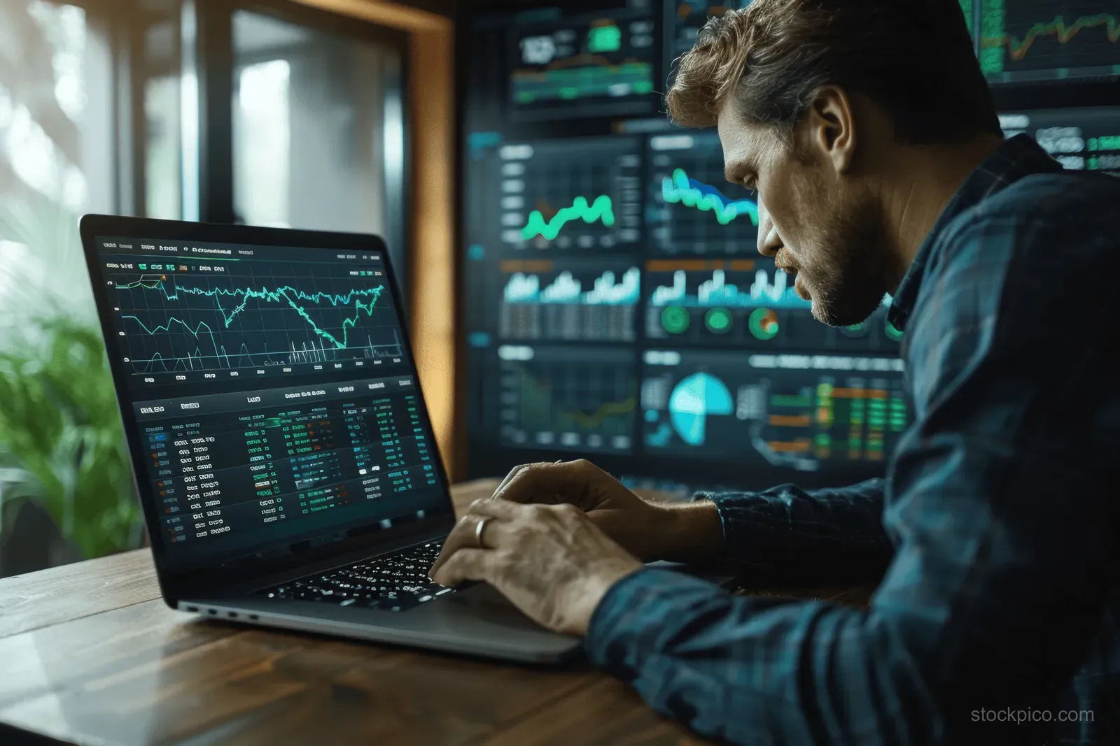 Business analyst sits at a desk using a laptop to review KPI charts and financial dashboard data.