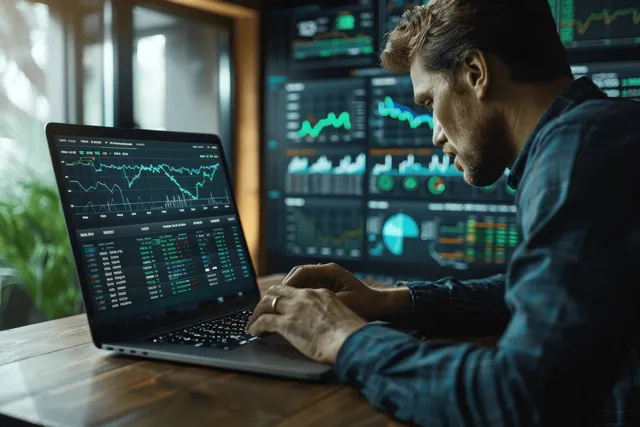 Analyst using laptop with financial KPI dashboard while monitoring charts on dual screens
