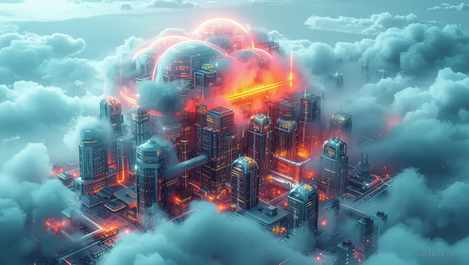Futuristic cloud data center inside drifting clouds with glowing hologram network lines and a central security core.
