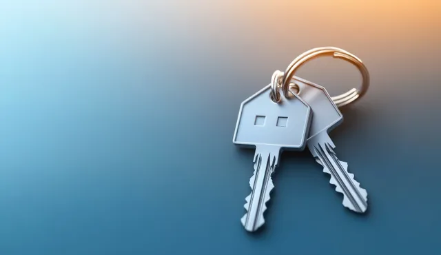 A keyring with house keys is shown close-up against a soft blue gradient background.