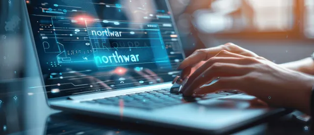 Hand typing beside AI chat interface on laptop screen with glowing data overlay