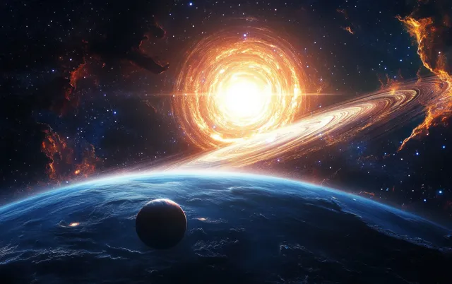Earth rests in the foreground while a glowing galaxy core and swirling nebula form a luminous arc across deep space.