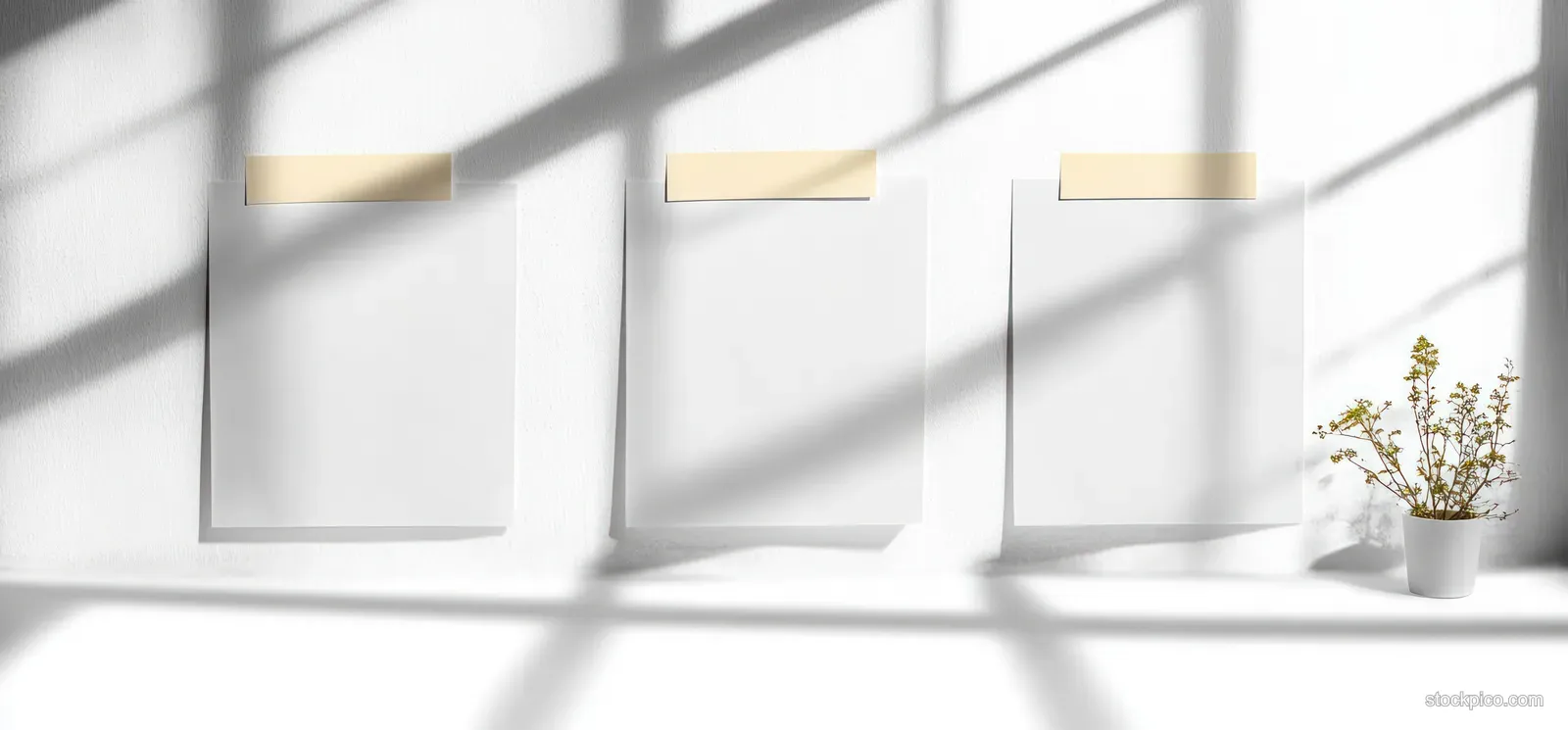 Blank paper sheets sit on a desk near a sunny window, with soft light shadows and a small plant visible.