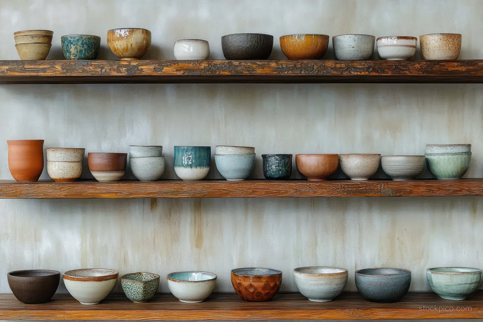 Rustic ceramic bowls of multiple colors and shapes are displayed on wooden shelves against a textured light wall.