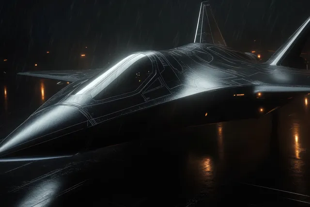 Black stealth jet rests on a wet reflective runway during rain under dim night lights.