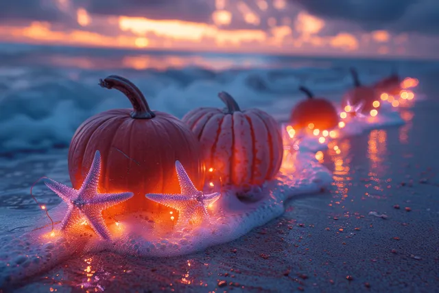 Glowing carved pumpkins and starfish lie on wet sand near a sunset sea with lantern lights reflecting.