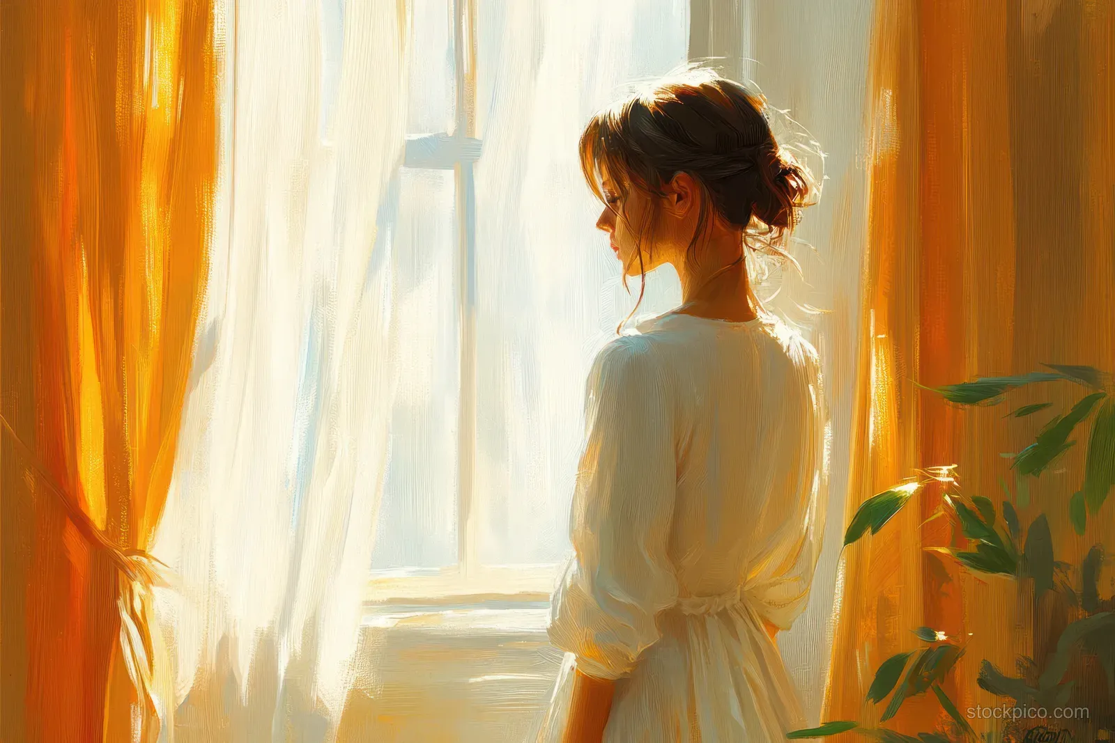 A cheerful traveler stands by a sunlit hotel window with flowing curtains, with luggage and a hat nearby.