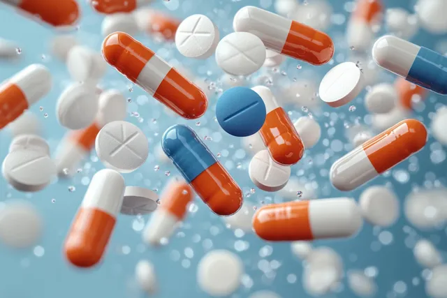 Capsules and round tablets float above blue medical background with subtle cross markings with Medication And Dosing