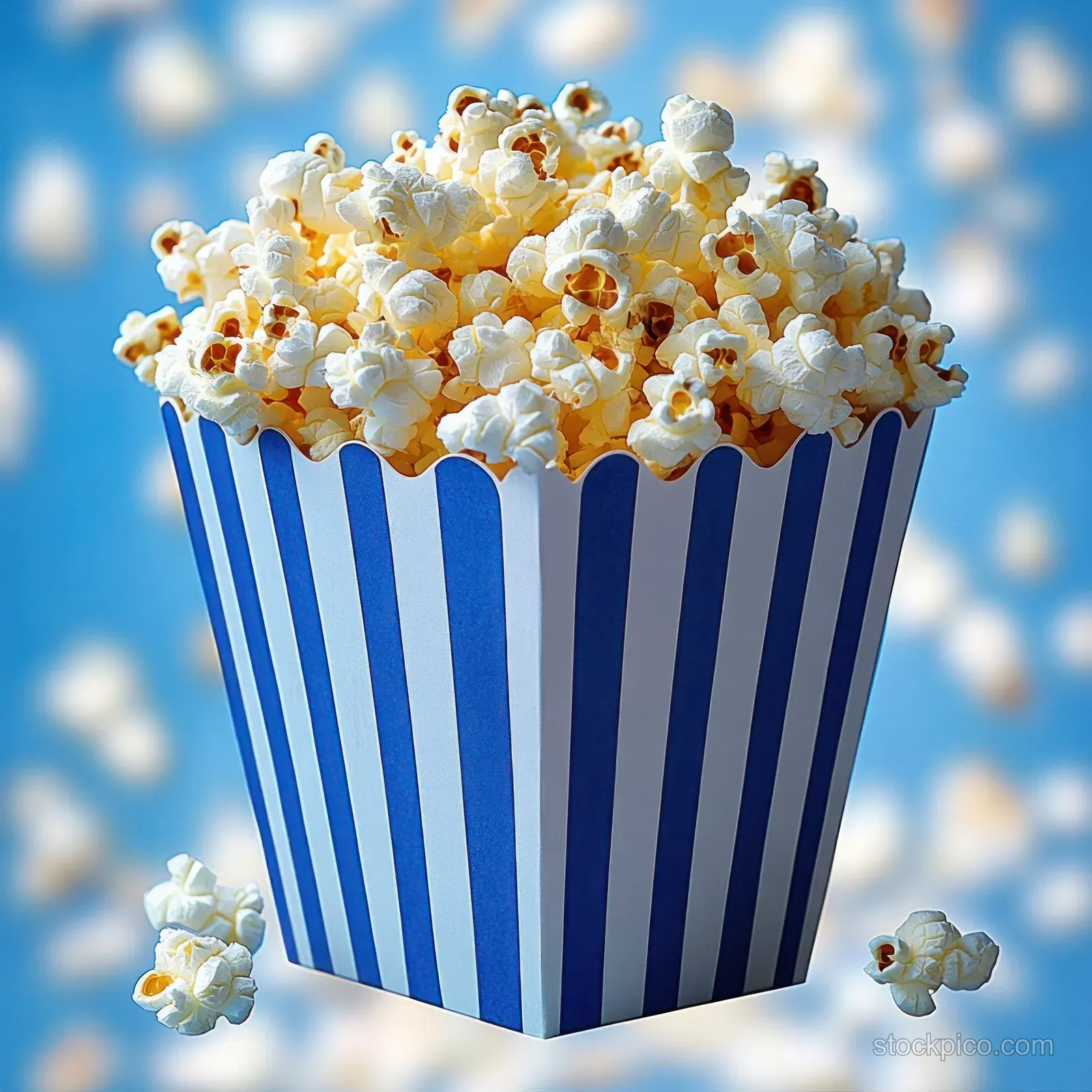 Fresh popcorn piled in a blue and white striped container with scattered pieces on a blue background.