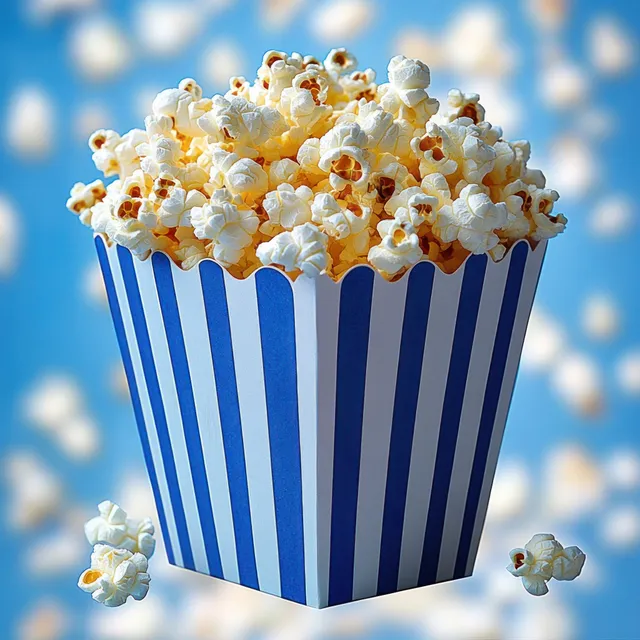 Fresh popcorn piled in a blue and white striped container with scattered pieces on a blue background.