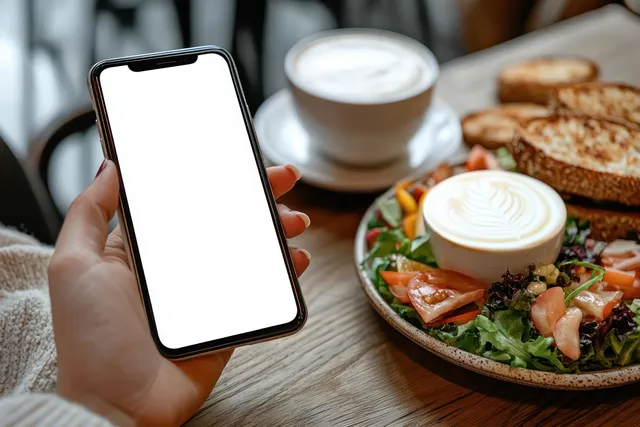 Hand holding smartphone with blank screen beside fresh salad, coffee, and toasted bread on wooden table