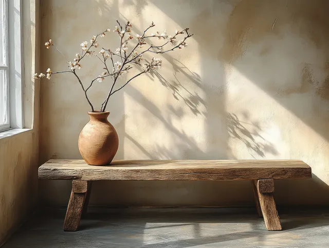 A wooden bench holds a clay vase with twig branches under soft window light and shadow patterns.