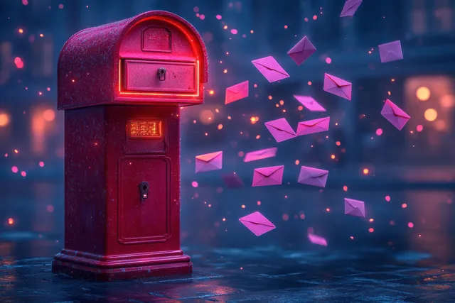 3D red mailbox with glowing bell notification and flying envelopes on purple night backdrop