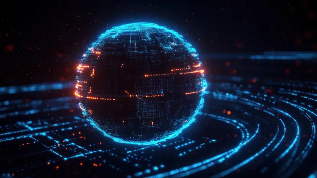 A glowing neon digital sphere hovers over a circuit surface with blue and orange grid lines and curved connection paths.