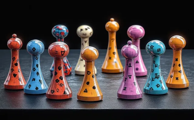 Brilliant colored pawn-like pieces stand in separated clusters on a dark background, implying customer segmentation.