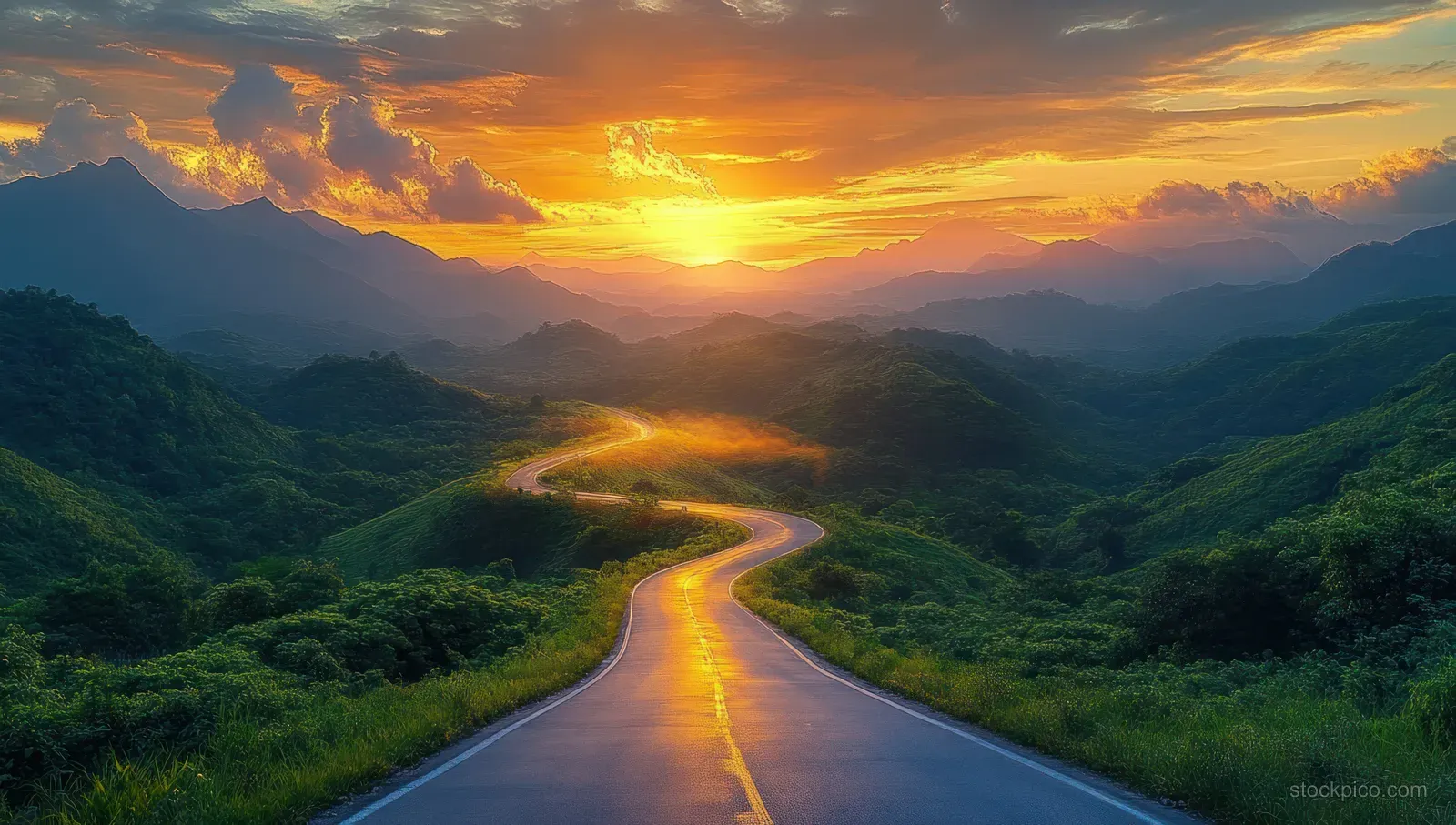 A winding road stretches through green valleys toward a glowing sunset behind distant mountains.
