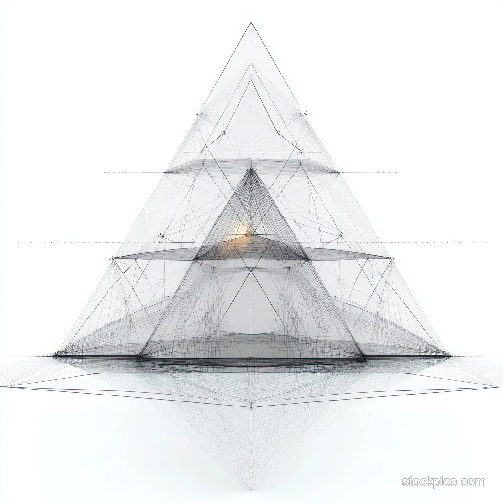 A transparent layered wireframe pyramid with triangular lines and a subtle glowing center on a white background.