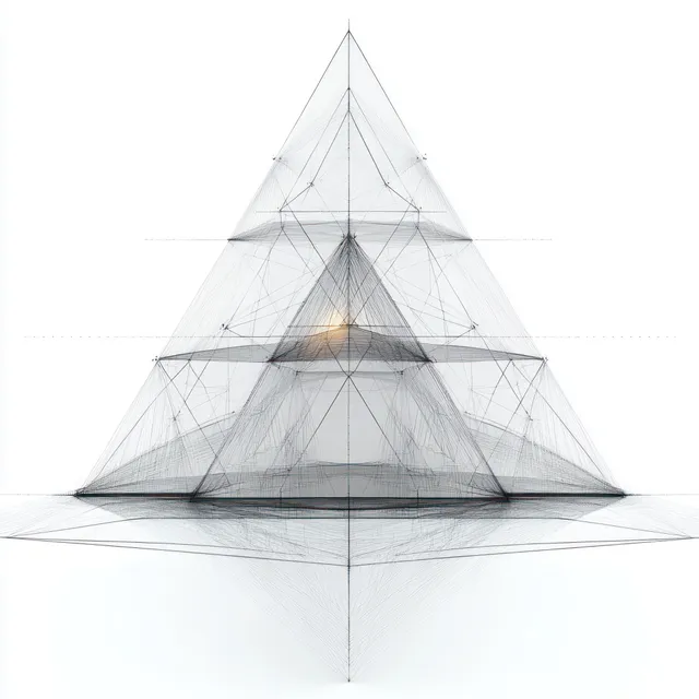 A transparent layered wireframe pyramid with triangular lines and a subtle glowing center on a white background.