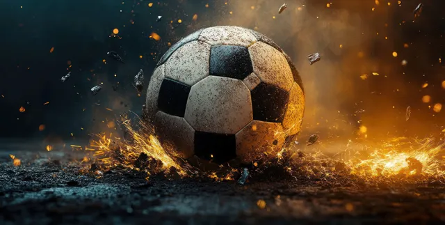 A soccer ball impacts turf, creating sparks, flying dirt, and smoky dust in the background.