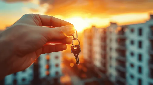 A hand holds a set of house keys against a sunset backdrop with out-of-focus apartment buildings.