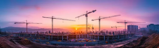 Panoramic dawn view of a construction site with cranes, earthworks, and a bright orange sunrise behind a city skyline.