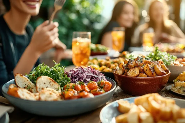 Friends share taco lunch outdoors, colorful plates and sunlight on a lively patio