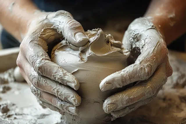 Gloved hands press and shape wet clay on a pottery wheel, showing textured finger ridges.