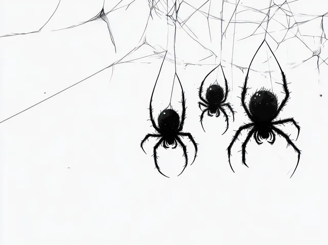 Three black spiders hanging on thin spiderweb strands against a white background