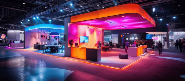 An illuminated exhibition booth with LED lighting, lounge seating, and glowing screens in a trade show hall.