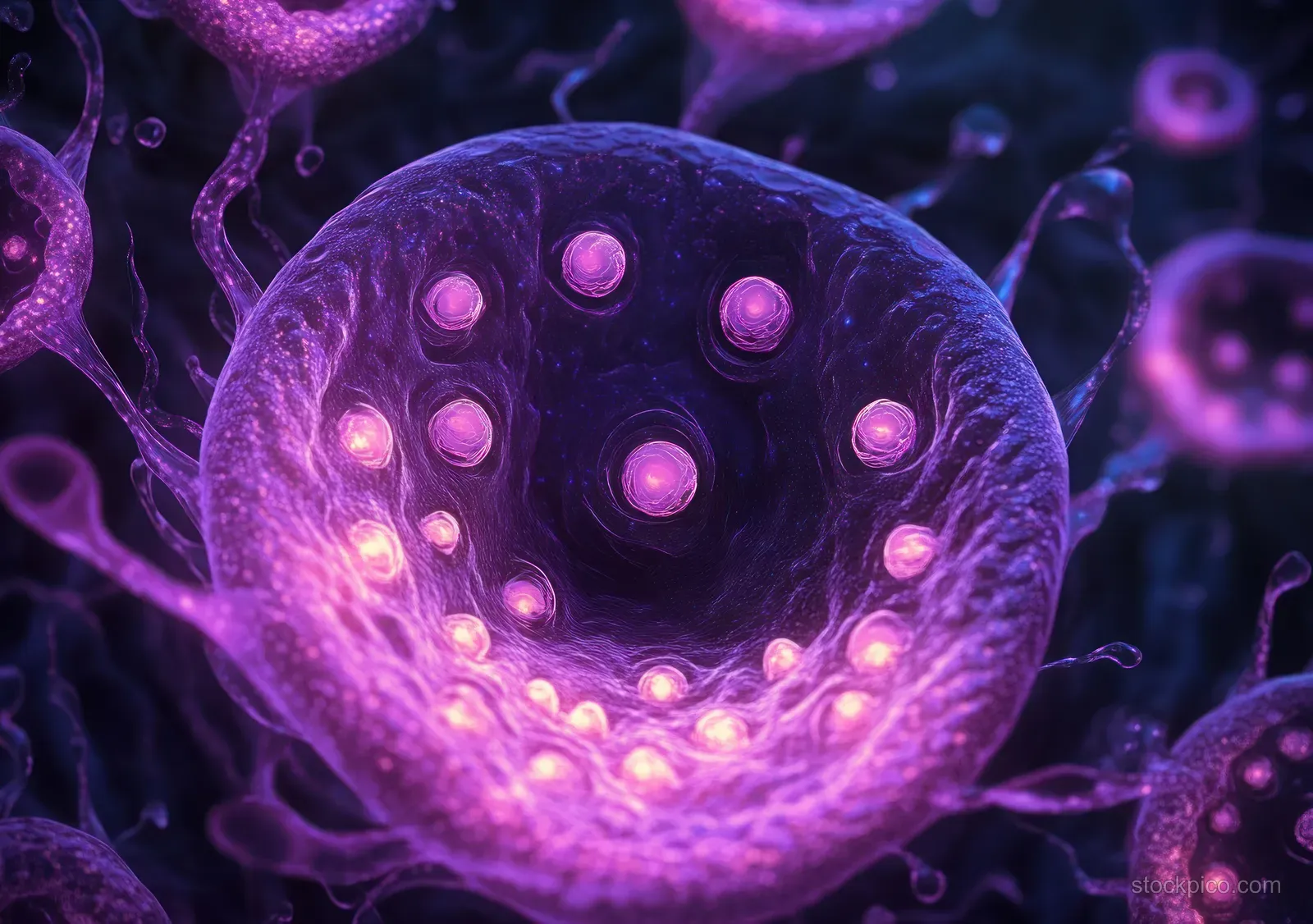 Glowing purple microscopic cells surround a central spherical microorganism with luminescent dots in a dark bio-like background.