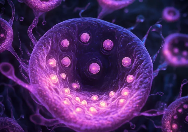 Glowing purple microscopic cells surround a central spherical microorganism with luminescent dots in a dark bio-like background.