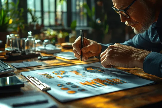 Analyst writing notes next to financial charts on a desk during an office meeting.