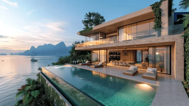 Modern luxury villa with an infinity pool, showcasing stunning ocean views and elegant sunset lighting.