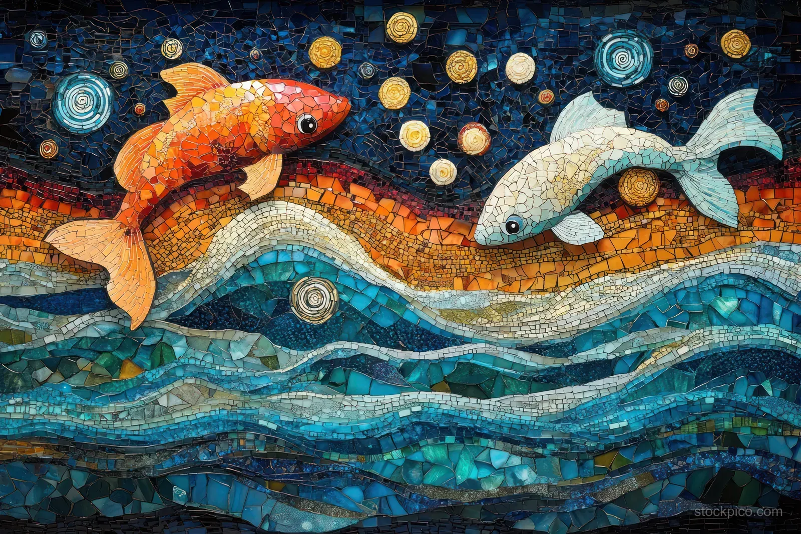 Colorful mosaic fish swim through turquoise wave patterns with circular tile details and scattered gold coins.