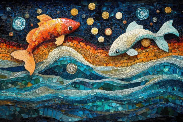 Colorful mosaic fish swim through turquoise wave patterns with circular tile details and scattered gold coins.