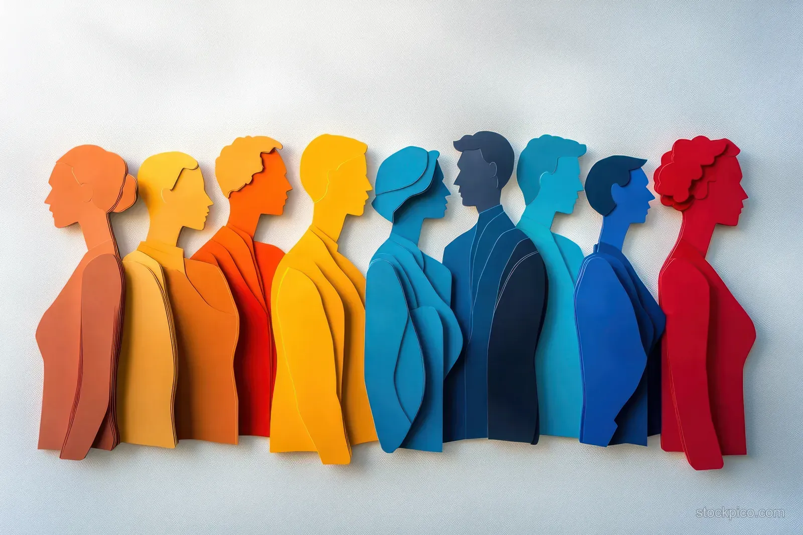 Colorful paper cut-out people stand in a row against a pale background with layered silhouettes.