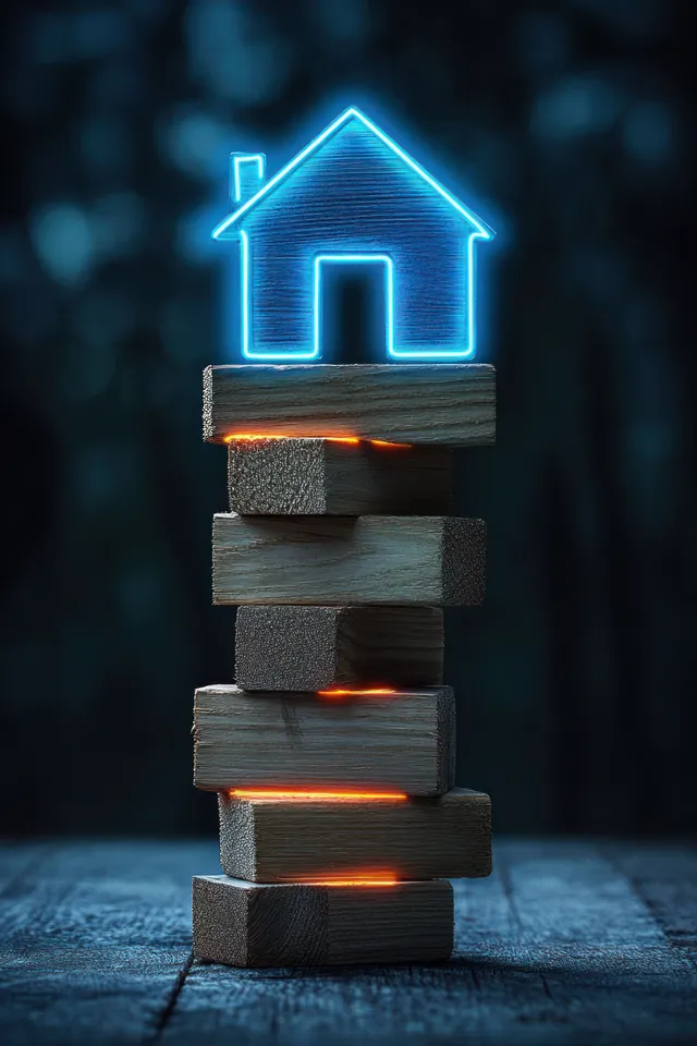 Stack of wooden blocks with orange glowing gaps and a neon blue house outline floating above on a dark blurred background.