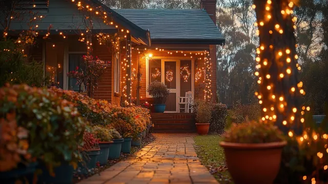 Cozy house entrance at twilight with warm string lights and potted autumn plants