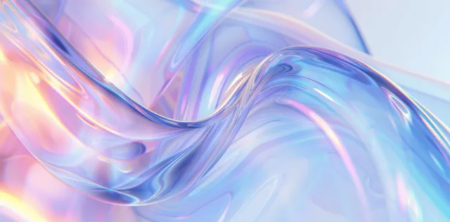 Iridescent liquid glass heart abstract background with swirling prismatic blue and purple light.
