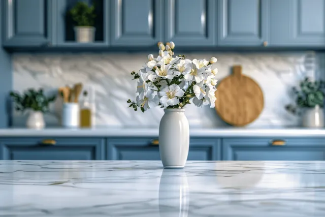 White flowers in a tall vase on a marble countertop with blue kitchen cabinets in the background.