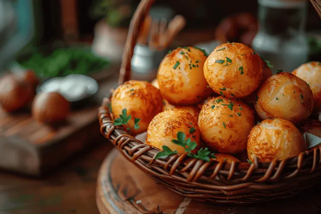 Brazilian cheese balls in a wicker basket on a wooden table, sprinkled with herbs and photographed close-up.