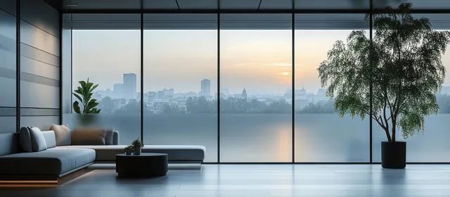 Gray sectional sofa and potted plants in a minimalist living room beside floor-to-ceiling windows showing a city skyline at sunset.