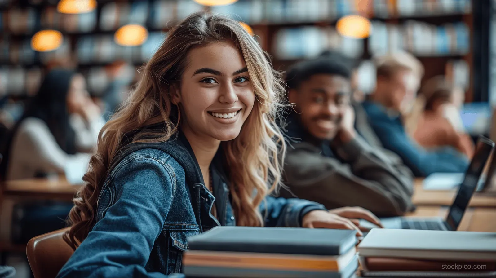 Smiling students study with laptops and books in a university library.